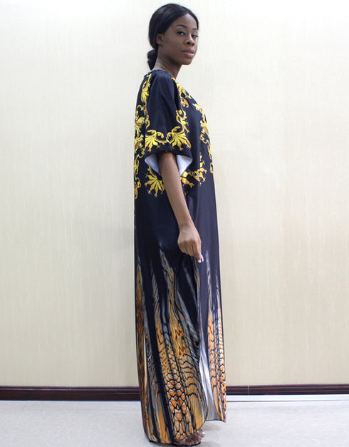 Women's African Print O-Neck Batwing Sleeve Loose Dress with Gold Floral Animal Pattern